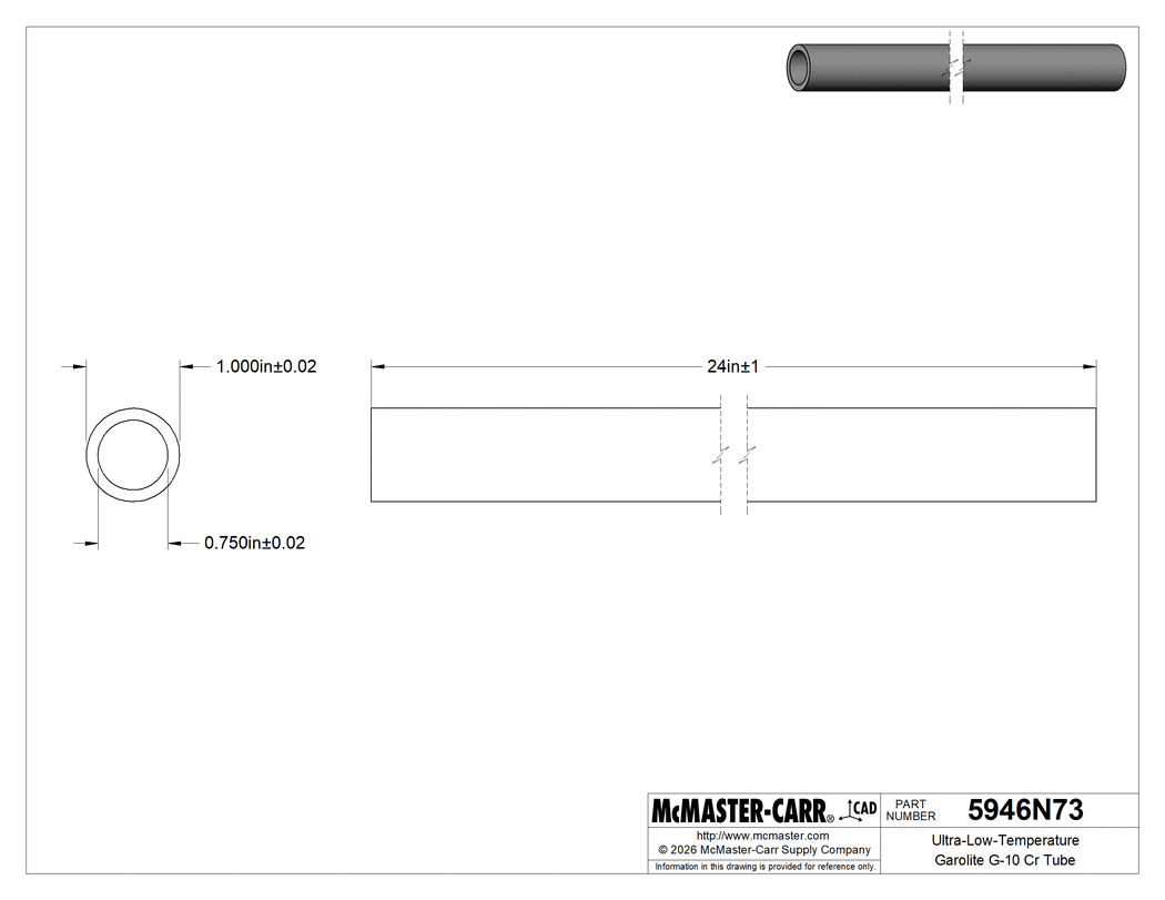 Technical Drawing of Ultra-Low-Temperature Garolite G-10 Cr Tube, 1/8" Wall Thickness, 1" OD, 24" Long.